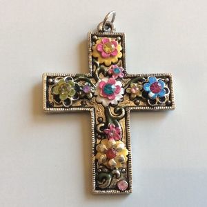 Vintage Colorful Enamel Rhinestone Flower Cross Pendant Silver Tone